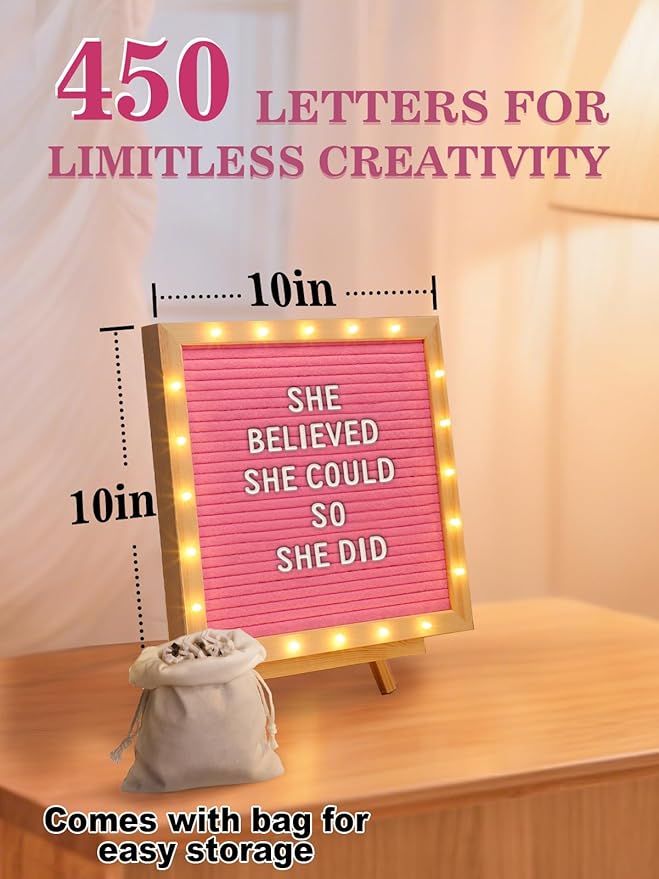 Changeable Felt Letter Board with LED Lights - 10×10" Message Custom Signs & Wood Stand & 450 Letters, Poster Board for Valentine's Day/Baby/Pregnancy Announcement/Classroom Wall Decor Gifts, Pink