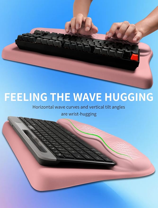 KUOSGM Ergonomic Wave Wrist Rest with Keyboard Stand, Cushioned Palm Rest, Comfortable Integrated Memory Foam for Natural Typing and Relieve Wrist Pain, Pink Serenity