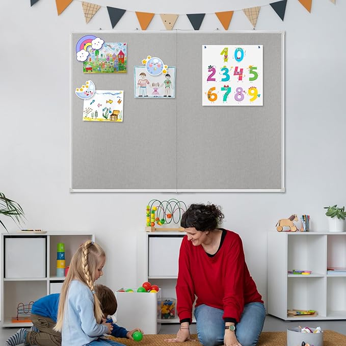 AMUSIGHT Double-Sided Large Cork Board with Linen, 60" x 40" Foldable Hanging Aluminum Framed Bulletin Board, Vision Board Pin Board Corkboards for Walls, Office, School Decor, 20 Pushpins