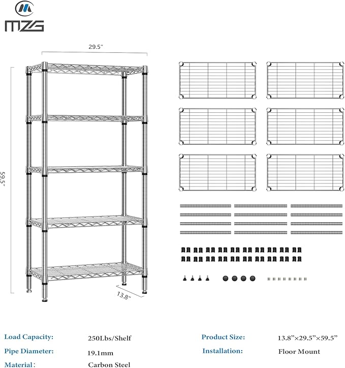 M MZG 1250 lbs 5 Tier Shelf Metal Storage Shelves Shelving Wire Rack Heavy Duty Closet Organizers for Garage Kitchen Bathroom Laundry Chrome 13.8" D x 29.5" W x 59.5" H