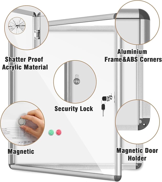 Mifuro 28"x26" Enclosed Bulletin Board, Lockable Weather-Resistant Aluminum Noticeboard for School & Office, Silver Frame w/Magentic Whiteboard