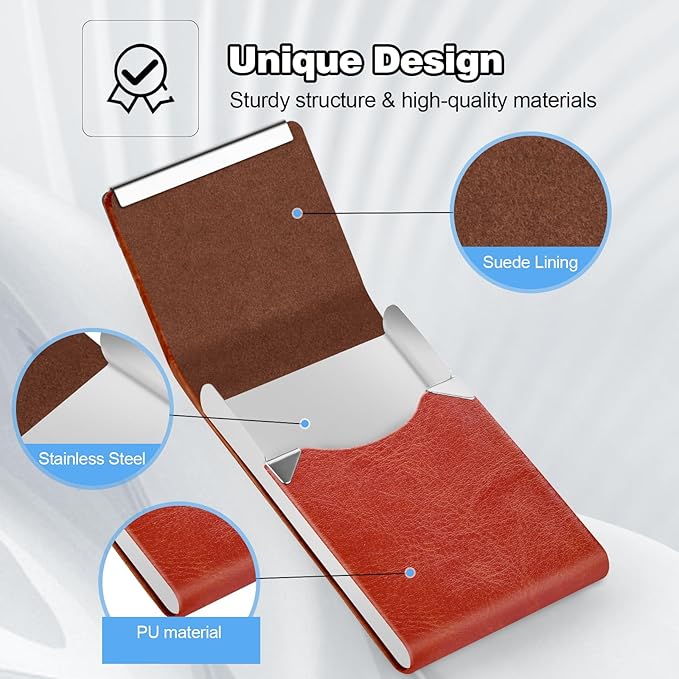 Business Card Holder for Women or Men, Business Card Case with PU Leather and Stainless Steel, Slim Metal Case with Magnetic Closure for Business Meeting Use