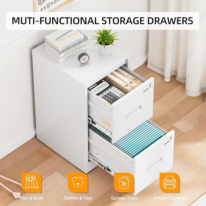 INTERGREAT 2 Drawer File Cabinet, White Metal Filing Cabinet with Lock, Lockable Vertical File Office Cabinet for Hanging Letters/Legal/A4, Assembly Required