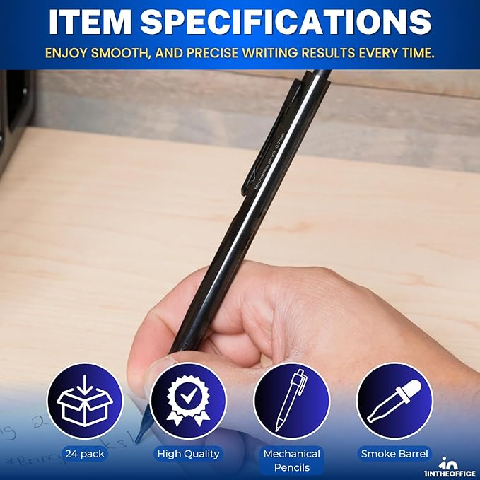 1InTheOffice Mechanical Pencils 0.7mm, #2.5, HB Lead, Black Lead, Smoke Barrel 24 Pack