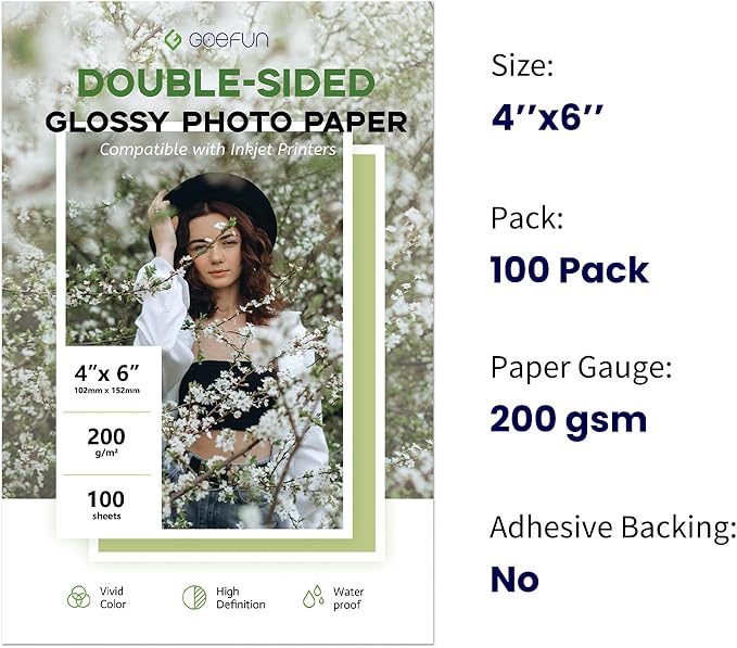4x6 Photo Paper Double Sided Glossy, Goefun 200 GSM/54 LB Postcard Paper for Inkjet Printer and Dye Ink, 100 Sheets