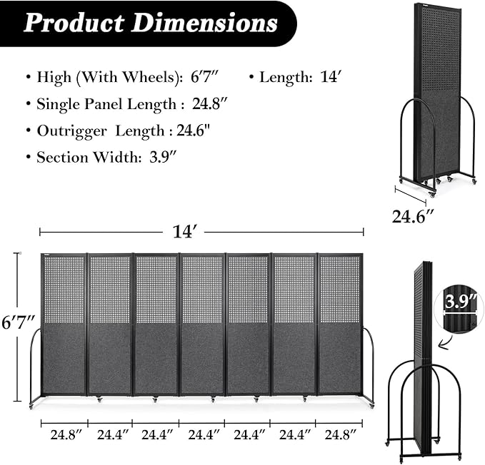 Folding Room Partition,Freestanding Privacy Divider,Portable Office Divider Wall,Commercial Space Partition Screen,Perforated Felt Panel Design,18'5"W x 6'7"H,7 Panel,Dark Grey