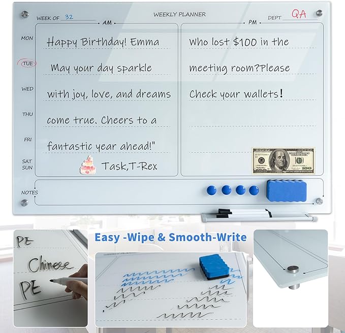 Magnetic Planner Writeboard 24"X36" Weekly Glass Calendar White Glassboard Premium Tempered Dry Erase Boards Frameless Wall Mounted (White)