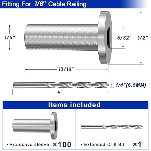 Steel DN Mate 100 Pack Stainless Steel Protector Sleeves for 1/8" Wire Rope, Cable Railing Hardware for Deck/Cable Railing System, T316 Marine Grade, Cable Sleeves Come with a Drill Bit DE100