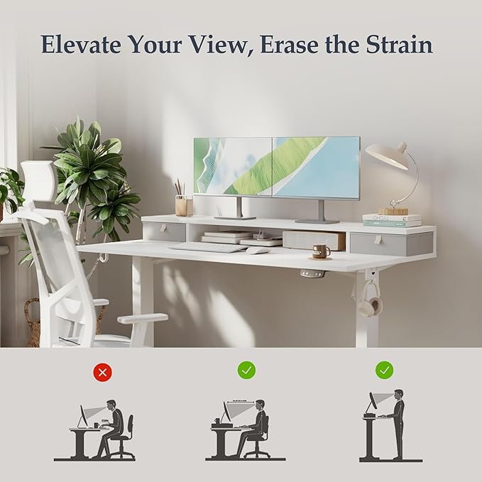 Klicelor 55 Inch Electric Standing Desk with Drawers, Adjustable Height Small Sit Stand Desk for Home Office, Compact Computer Workstation with Storage– White