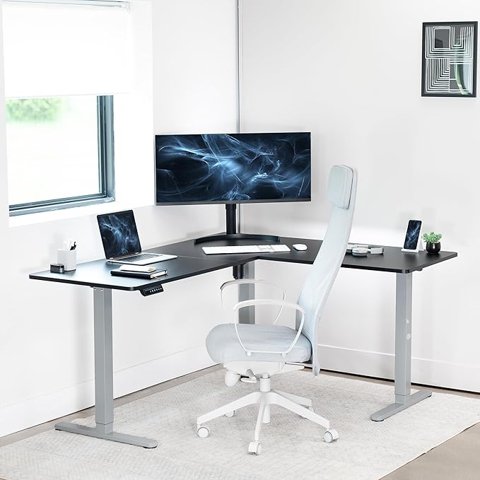 VIVO Electric Corner 63 x 55 inch L-Shaped Standing Desk, Memory Height Adjustment, Black Top Gray Frame, DESK-E3CTGB