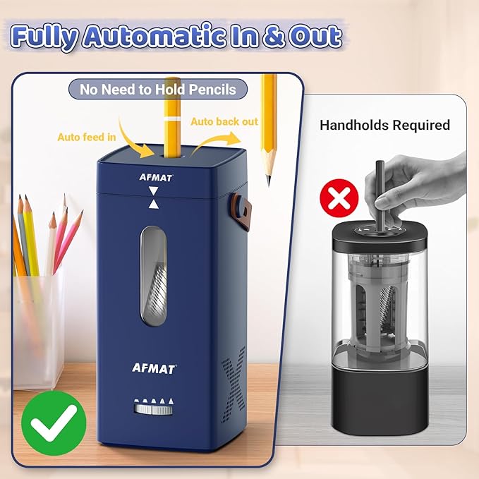 AFMAT Electric Pencil Sharpener, Fully Automatic Pencil Sharpener, Auto in & Out, Rechargeable Hands-Free Sharpeners for Jumbo & Colored Pencils (6.5-12mm), Portable for Home/Classroom/Office PSC6