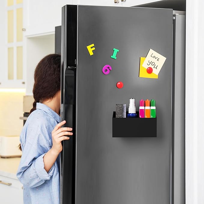 HBlife Magnetic Dry Erase Marker Holder for Whiteboard with 2 Compartments, Acrylic Wall Mount Magnet Pen Pencil Holder for Refrigerator, Locker Organizer Accessories for Classroom Office, Black