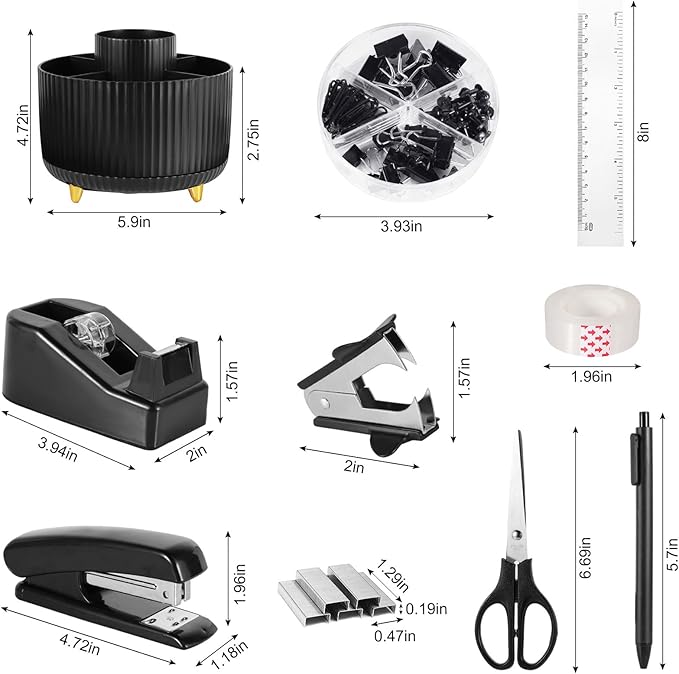 Gawsey Desk Organizers and Accessories Set with 360-Degree Rotating Pen Holder, Tape Dispenser, Stapler, Staple Remover, 1000 Staples, Tape, Clips Set, Ruler, Scissor, Pen