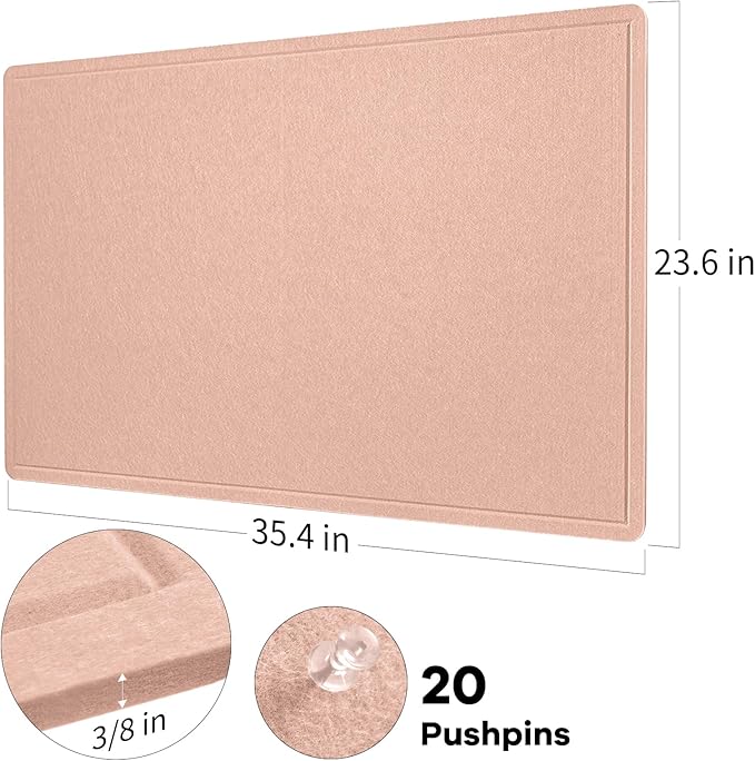 Bulletin Board, 36 x 24 inches Felt Board - Decorative Pin Board, Cork Board Alternative for Wall, 3' x 2' Foldable Self-Adhesive Vision Board Prayer Board with 20 Pushpins - Mauvey Pink