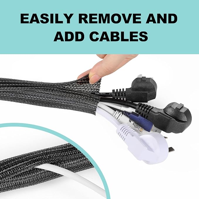 AGPTEK Cable Sleeve Cover, 2 Pack 5ft - 1.2 inch Desk Cord Organizer Cable Hider, Home Office Wire Management Computer TV Wire Loom Tubing, Pet Proof Cord Protector, from Cat Dog Chewing, Black