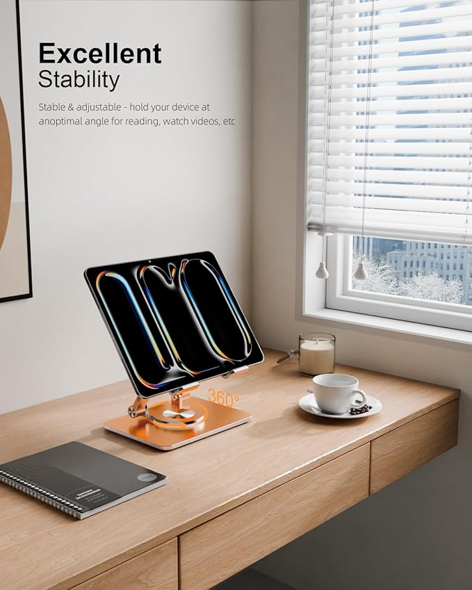 Tablet Stand Holder with Thickened 360°Rotating Base Dual Rod Adjustable Aluminum Stand for All 5.8-12.9” iPad Samsung Phone Tablet Kindle E-Reader and More, Gold