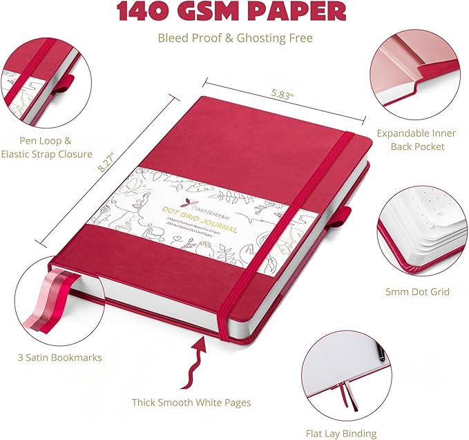 VIVID SCRIBBLES Dotted Journal – 140gsm Bleed Proof Thick White Paper – 200 Numbered Dot Grid Pages – 5.8 x 8.3 inch Bullet Dotted Notebook