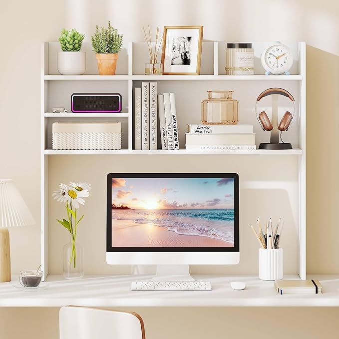 Tangkula Desktop Bookshelf for Computer Up to 32”, 37” Countertop Storage Hutch with 6 Storage Shelves, 3-Tier Desktop Organizer Display Rack, Wooden Desk Hutch for Dorm Home Office (White)