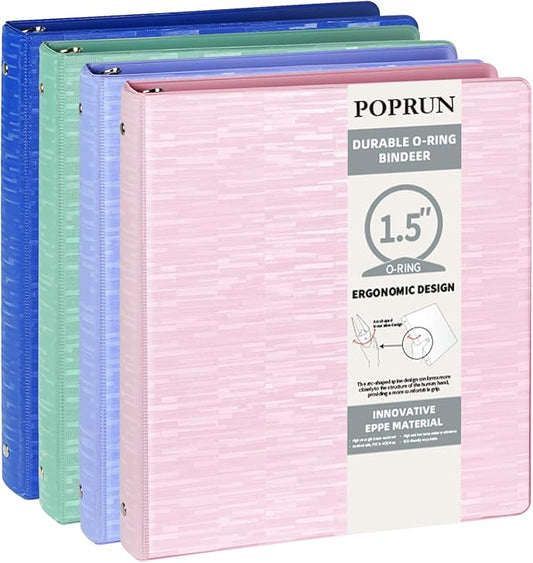 POPRUN 3 Ring Binder 1.5 Inch, PVC-Free, Holds 325 Sheets of 8.5 x 11 Paper, Extra Durable Organizer with 2 Pockets for School & Office, Heavy-Duty, 4 Pack, Multicolor