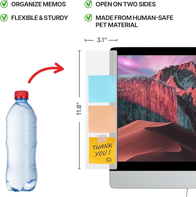 MECCALINE Monitor Memo Board 2Pcs - Flexible Clear PET Computer Screen Sticky Note Holder - Side Panel Message Organizer - Versatile Office Desk Accessories - Cool Home Office Supplies - 3.1" x 11.8"