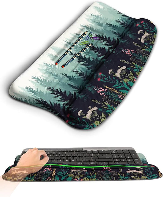 KUOSGM Ergonomic Wave Wrist Rest with Keyboard Stand, Cushioned Palm Rest, Comfortable Integrated Memory Foam for Natural Typing and Relieve Wrist Pain, Flower Sea Forest