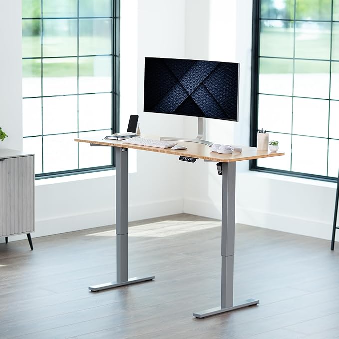 VIVO Electric 60 x 24 in Real Bamboo Standing Desk, Memory Height Adjustment, 1B Series, Holds 220 lbs, One-Piece Top, Gray Frame, DESK-KIT-1G6O