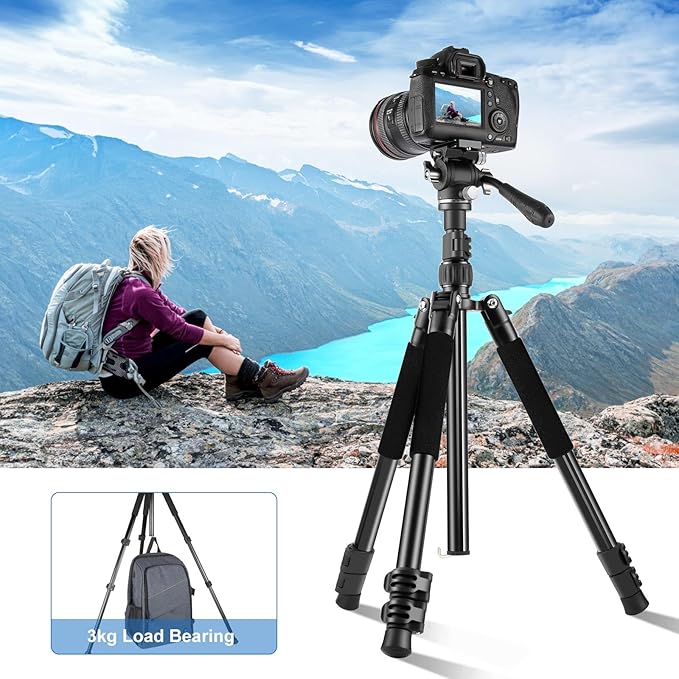 PULUZ 64"/164cm Video Tripod, Metal Camera Tripod with 360°Fluid Drag Head, Quick Release Plate Compatible with Canon Nikon Sony and Other DSLR Camera Camcorder for Photography/Videography
