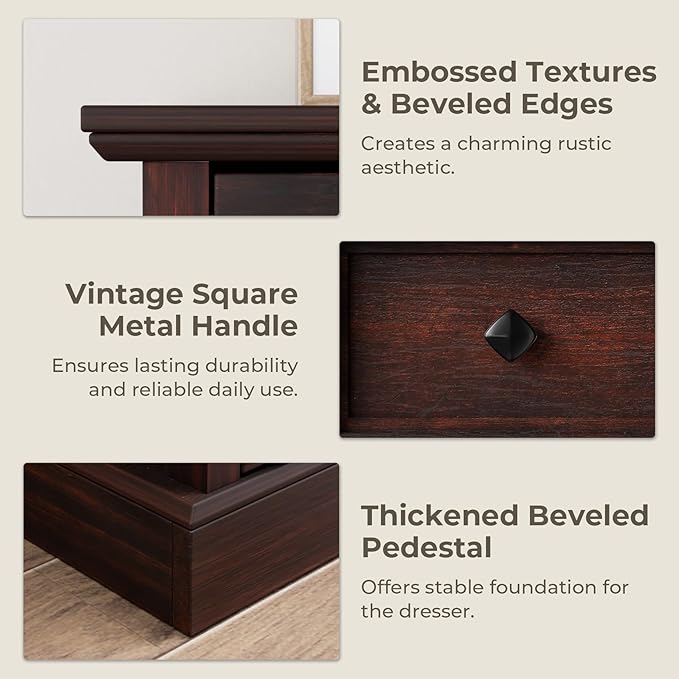 VVFLU Farmhouse 6 Drawer Dresser for Bedroom, 54" Wide Wood Dresser with Natural Texture, Rustic Chest of Drawers for Bedroom with Vintage Metal Hands, for Living Room, Hallway, Cherry