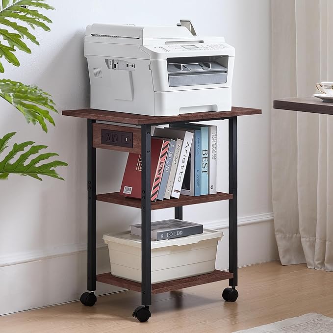 Lerliuo 3-Tier Printer Stand with Charging Station, Industrial Mobile Printer Table with Storage Shelf and Steel Frame, Rolling Printer Cart Holder with Lockable Wheels for Home, Office (Walnut)