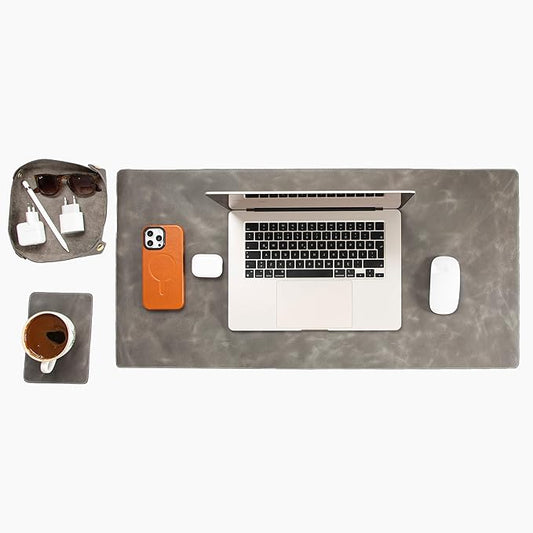 Node Leather - Genuine Leather Desk Mat (32" x 16"), Desk Organizer & Cup Coaster - Leather Office Set - Premium Handmade Office Accessories for Elegant Workspace - Gray