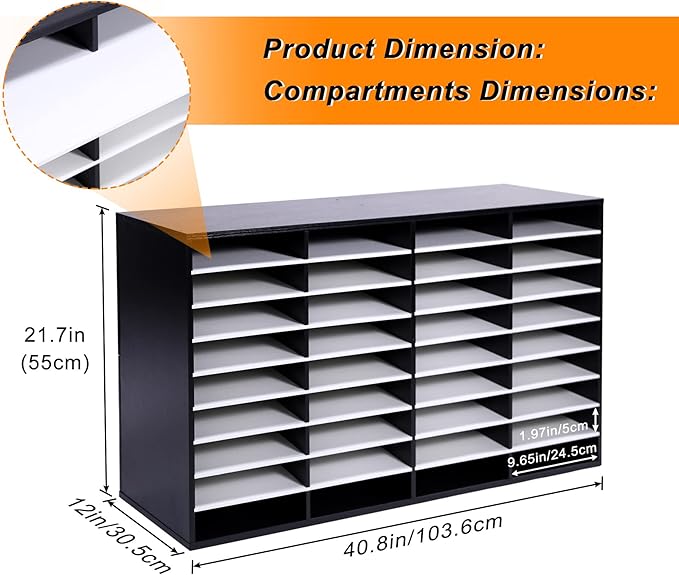 EasyPAG Wooden Literature Organizer with Adjustable Shelves, 36 Compartments Office Paper Organizer Storage 18000 Sheets Letter Size Paper, Student Mailbox for Classroom, Black/White