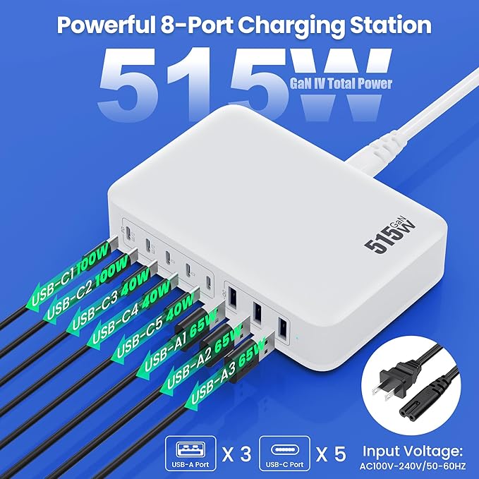 USB C Charger Block 515W[2025 Upgraded] GaN IV 8 Port Fast Charging Station Hub,Dual PD 100W USB C Laptop Charger Compatible with MacBook Pro/Air,iPad,iPhone 16/15,Galaxy S23/S24 Steam Deck Dell XPS