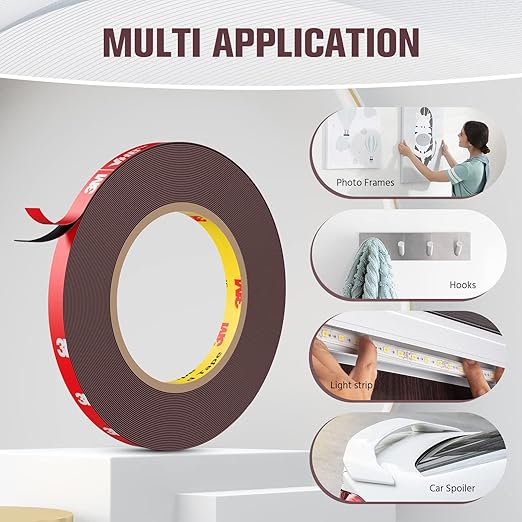 Double Sided Tape, Heavy Duty Mounting Tape Waterproof Foam Tape, 32FT Length, 0.39IN Width for LED Strip Lights, Home/ Office Decor, Made of 3M VHB Tape