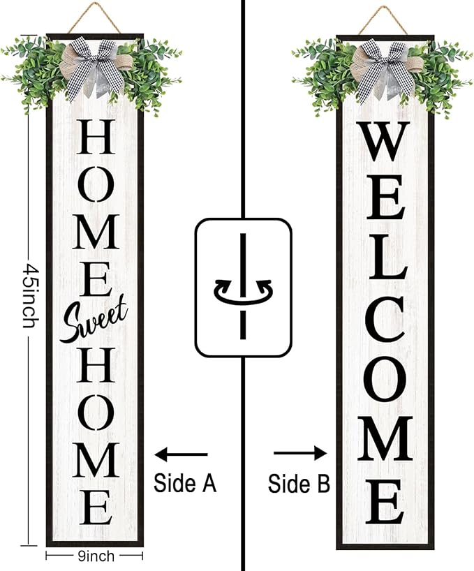 Double-sided Welcome Wooden Sign Stand with Magnetic-adhesive Wreath for Front Door, 47" Vertical Farmhouse Home Sweet Home Porch Sign, 2in1 Large Tall Porch Leaner Decor for Outdoor Patio Garden