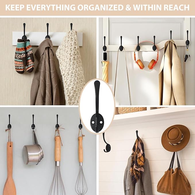 Homanu 10 Pack Coat Hooks Wall Mounted with 20 Screws, Heavy Duty Black Towel Hooks Metal Double Hooks, No Rust Retro Rustic Wall Hooks for Hanging Towel, Coat, Scarf, Bag, Hat, Cup, Key