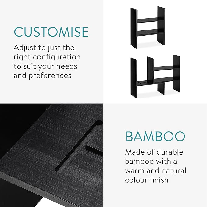 Navaris Desk Organizer Shelf Unit - Desktop Shelves for Table or Countertop - Free-Standing Adjustable Bamboo Shelving for Kitchen or Office - Black