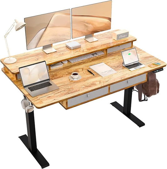 ExaDesk 55 * 30 Inches Electric Standing Widened Desk Adjustable Height with 4 Drawers, Double Storage Shelves Stand Up Desk, Home Office Workstation Sit Stand up Desk (Light Rustic Brown)