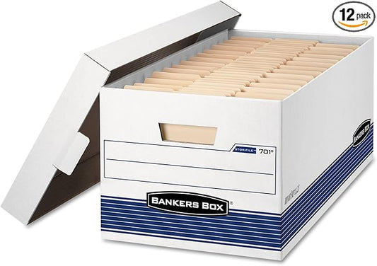 Bankers Box 12-Pack Medium Duty File Storage Boxes with Lids, FastFold Assembly, 24 Inch Letter, STOR/FILE, (00701)
