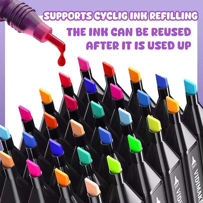 VIDIMAKPRO Alcohol Markers 120 Colors with Base Dual Tip Art Drawing Markers for Kids Students and Adults Comics Sketching Illustration - Refillable