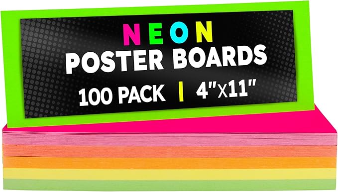 Hygloss Small Poster Board 4x11 - 100 Assorted Neon Color Poster Boards Bulk Pack - 10 Pt. Thickness Colored Poster Board Paper for Projects, Flash Cards, Signs - Posterboard Multipack 4" x 11"