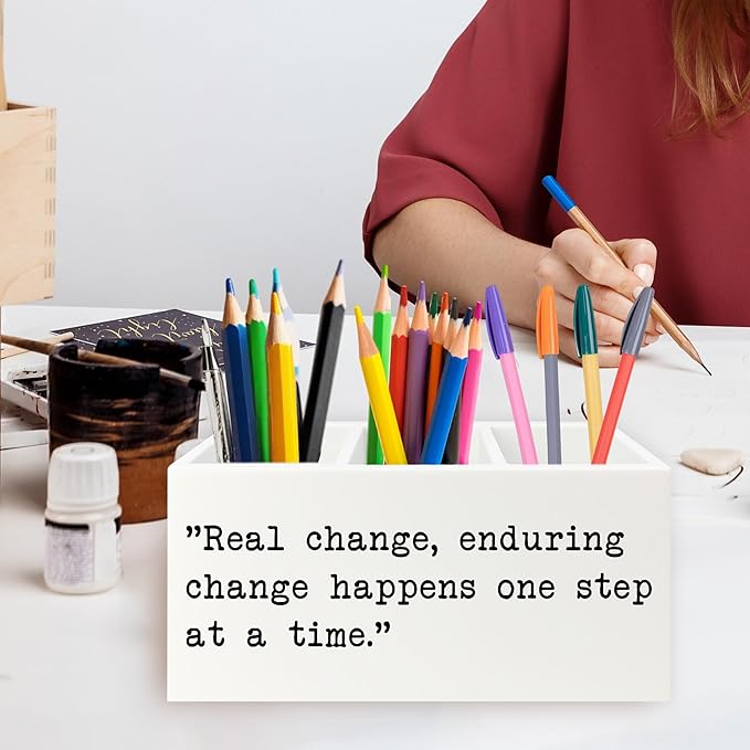 QZQE Inspirational Gifts Pen Pencil Holder Organizer for Desk, Inspirational Gifts for Women Men Wooden Box Signs Decorations for Home Office Desk Tabletop, Motivational Decor