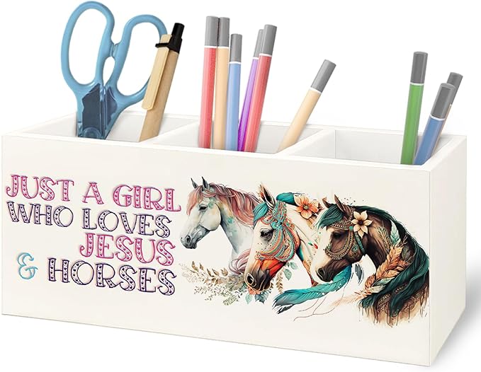 URLLUAE Horse Gifts for Girls Women Wooden Pen Pencil Holder for Office Desk Accessories, Western Cowgirl Gifts, Just a Girl Who Loves Jesus and Horse Makeup Brush Toothbrush Holder Organizer