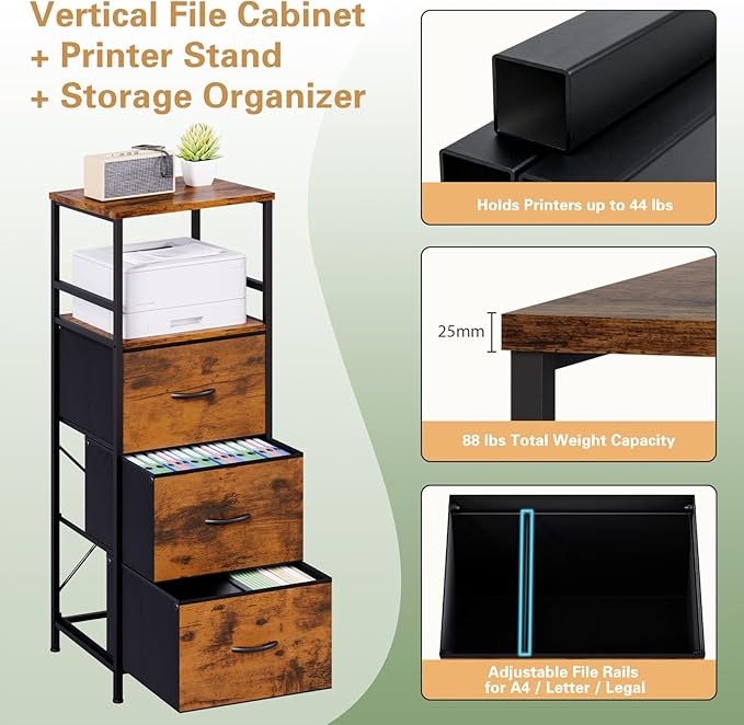 DreamDashio 51" H Tall Mobile File Cabinet, Rolling Printer Stand with 3 Drawers, Adjustable Hanging Rails for A4/Letter/Legal Files, Fabric Vertical Filing Cabinet for Home Office, Rustic Brown