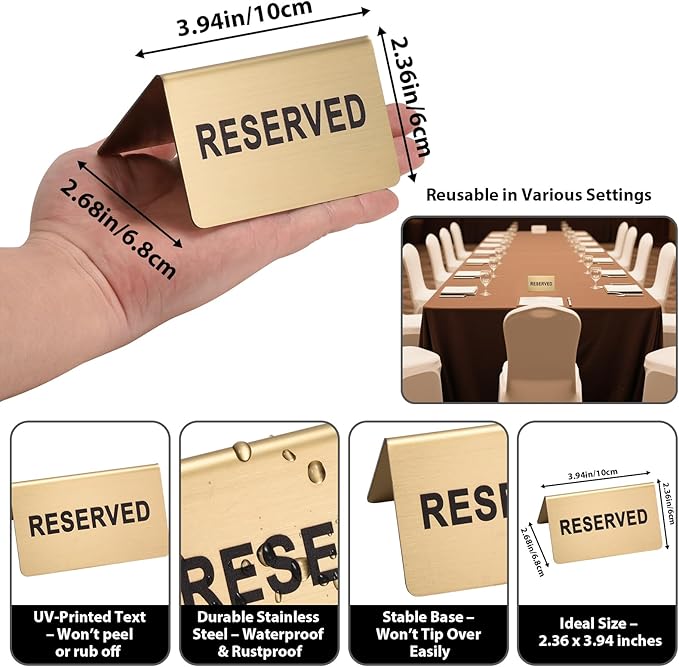 Stainless Steel Reserved Table Sign, Set of 6, 2.36 x 3.94 Inch Tent-Style Signs, Brushed Gold Metal, Durable and Easy to Read for Restaurants, Cafes, Hotels, Weddings, and Events (Gold)