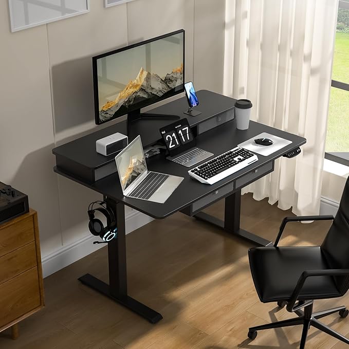 ExaDesk 48 * 30 Inches Electric Standing Widened Desk Adjustable Height with 4 Drawers, Double Storage Shelves, Home Office Workstation Sit Stand up Desk (Classical Black)