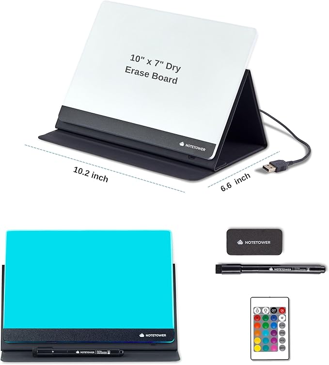 Note Tower LED Color Changing Desktop Whiteboard with Premium PU Leather Stand | Mood Enhancing & Productivity Boosting Dry Erase Light Up Board for Desk | Office, Home, School | Remote & App Control