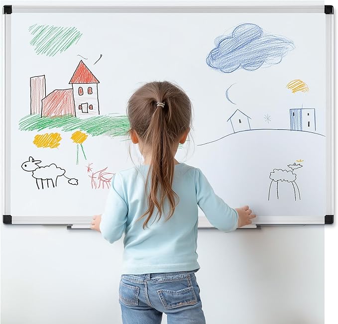 NEWBULIG White Board, 48" x 32" Magnetic Dry Erase Board for Wall with 1 Dry Eraser & 2 Multi-Color Markers & 4 Magnetic Pins, Silver Aluminum Frame for Office, Home, School