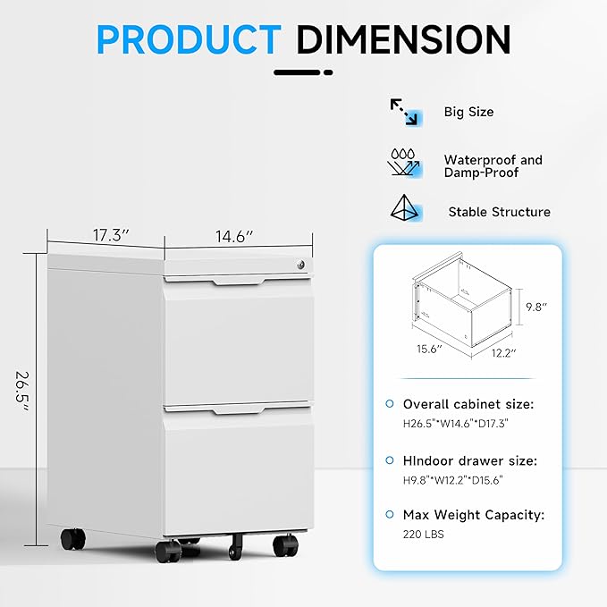 Bestoo 2-Drawer Mobile File Cabinet with Lock, Metal Filing Cabinet on Wheels for Home Office Under Desk, Fits File Folders, Letter/Legal/F4/A4 Size, Assembly Required (White)
