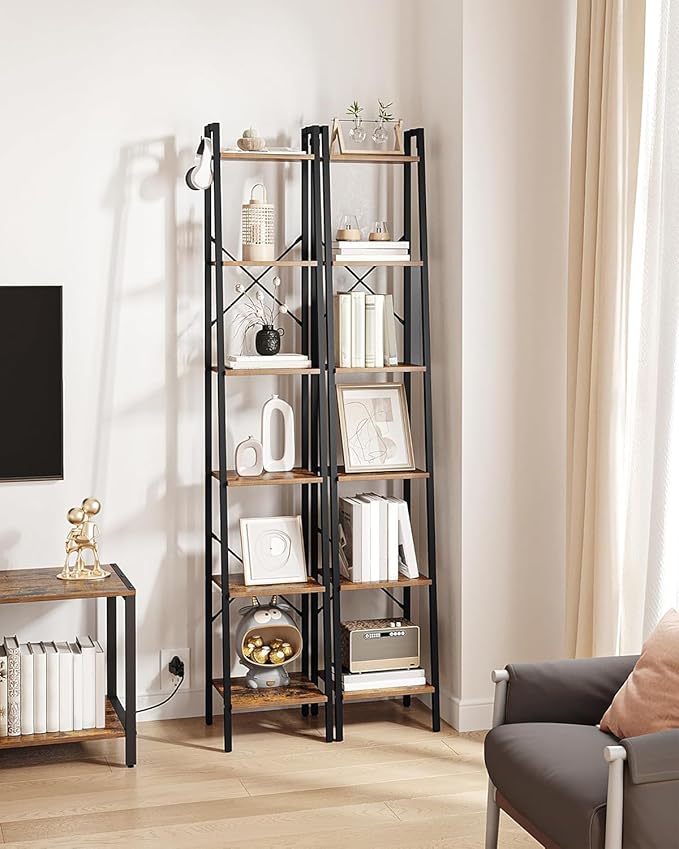 Hzuaneri Ladder Shelf, Bookshelf Bookcase, Freestanding Corner Storage Shelve with 2 Hooks for Home Office, Living Room, Kitchen, Bedroom, Industrial, 11.8"D x 13.4"W x 72.8"H, Rustic Brown BC13301B