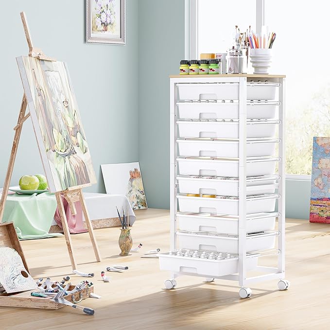 SYKIARIOL Rolling Cart with Drawers,10 Drawer Rolling Cart,Rolling storage cart with drawers,White Rolling Drawer Cart,Teacher Rolling Cart for Classroom Storage,Craft Cart with Wooden Tabletop